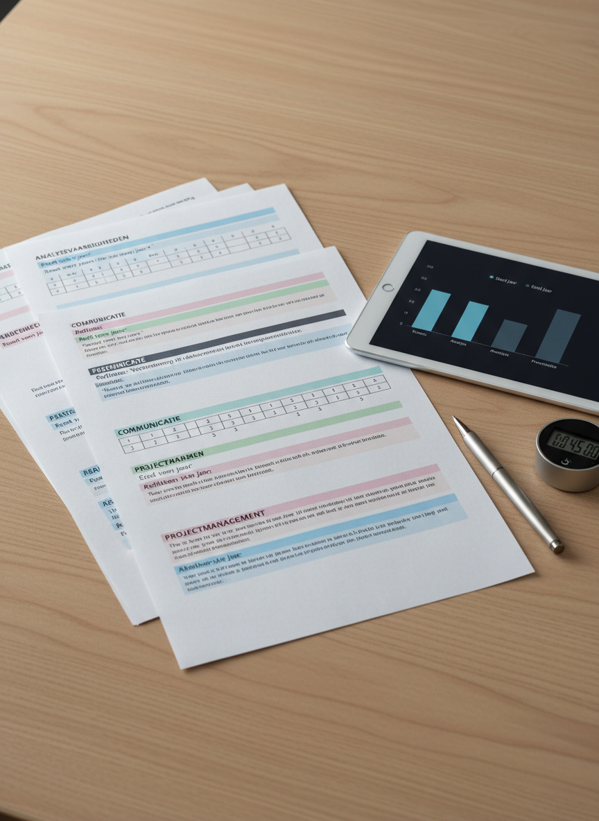A tidy desk displays a printed self-assessment report for a first-year Commercial Economics student, its pages slightly fanned to reveal structured sections, numerical rubrics, and short Dutch reflection paragraphs highlighted in soft pastel colors. Next to it, a slim silver tablet shows a bar chart comparing skill levels at the start and end of the year. A simple metal pen and a small digital timer complete the scene. Cool, balanced studio lighting from the front ensures every line of text and data is clear, with subtle shadows adding depth. Photographic realism, captured from a slightly elevated, three-quarter angle, evokes precision, professionalism, and honest evaluation of personal and academic growth.