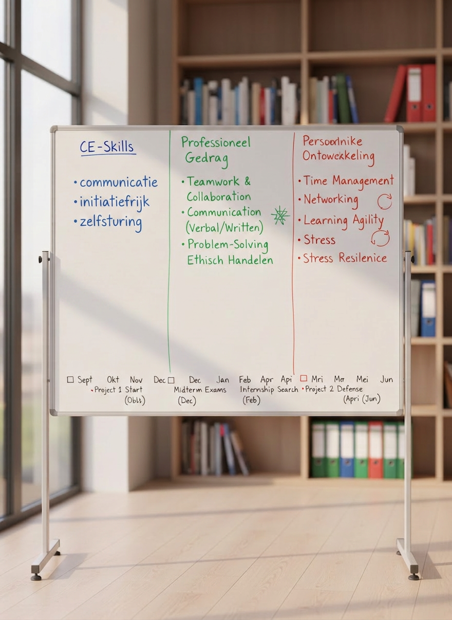 A clean whiteboard fills the scene, divided into three clear columns titled ‘CE-Skills’, ‘Professioneel Gedrag’, and ‘Persoonlijke Ontwikkeling’, each populated with neatly written bullet points, arrows, and simple diagrams in different marker colors. At the bottom, a timeline tracks the months of the first study year with labeled milestones. The whiteboard stands in a modern classroom-like setting with a light wooden floor and a blurred bookshelf in the background. Natural afternoon light streams from large windows to the left, adding soft reflections on the whiteboard surface and faint shadows along the frame. Photographic realism, eye-level shot with moderate depth of field, creates a structured, strategic atmosphere of growth and reflection.